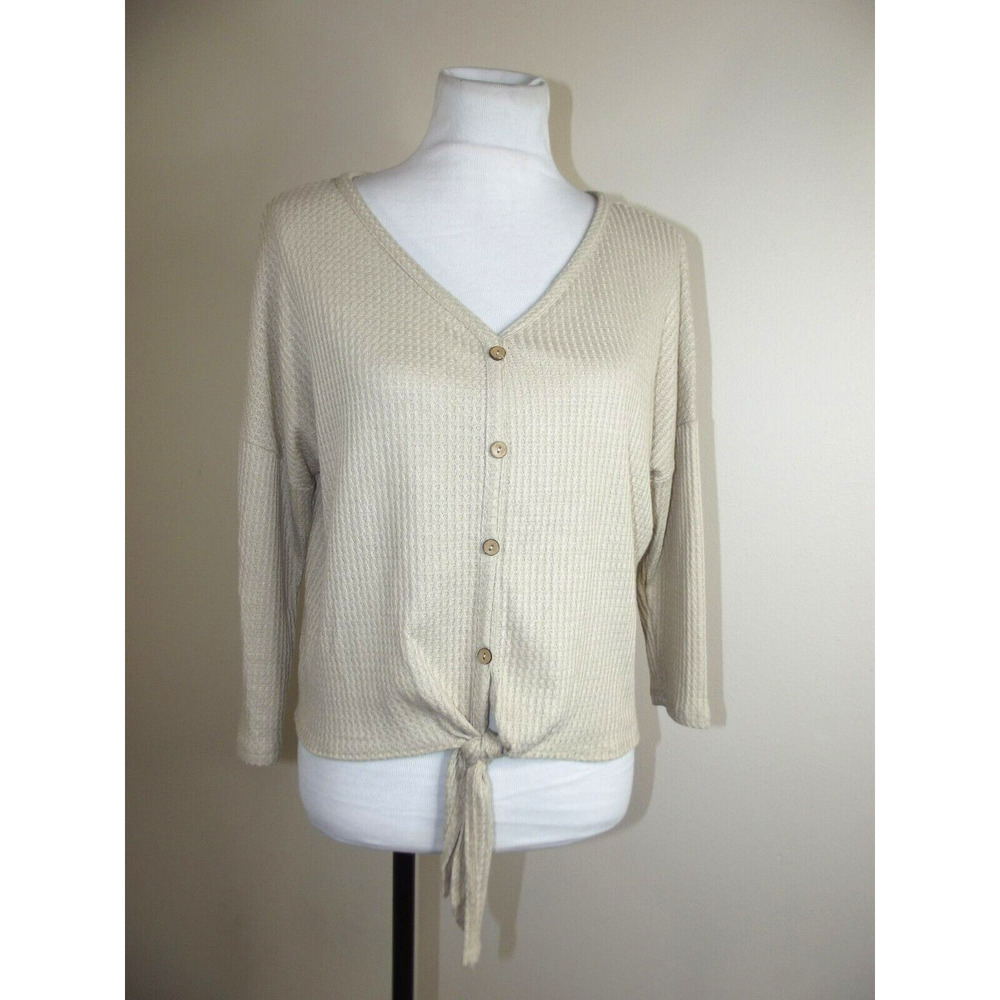 Try ! This Womens V-Neck Waffle Knit TOP - Size XL - Tan Tie Front